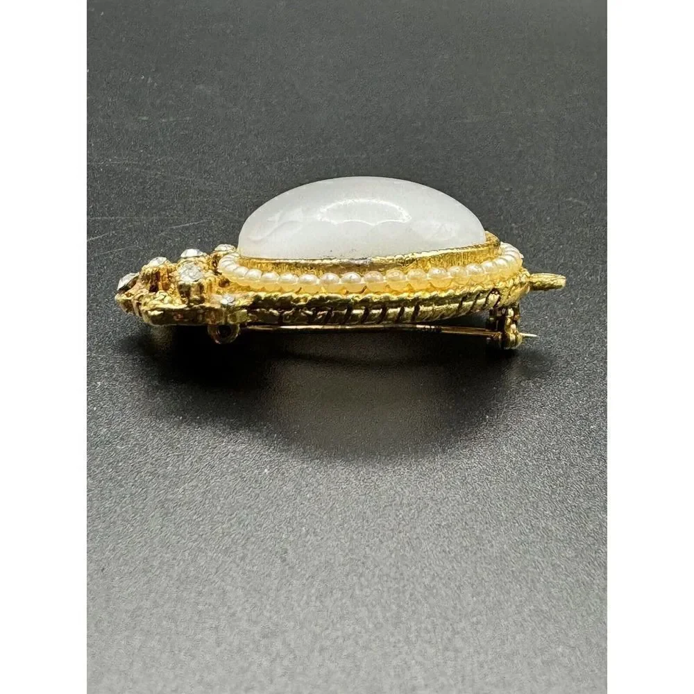 Vintage Gold Tone Brooch Rhinestone Faux Seed Pearl White Glass Cabochon Pendant